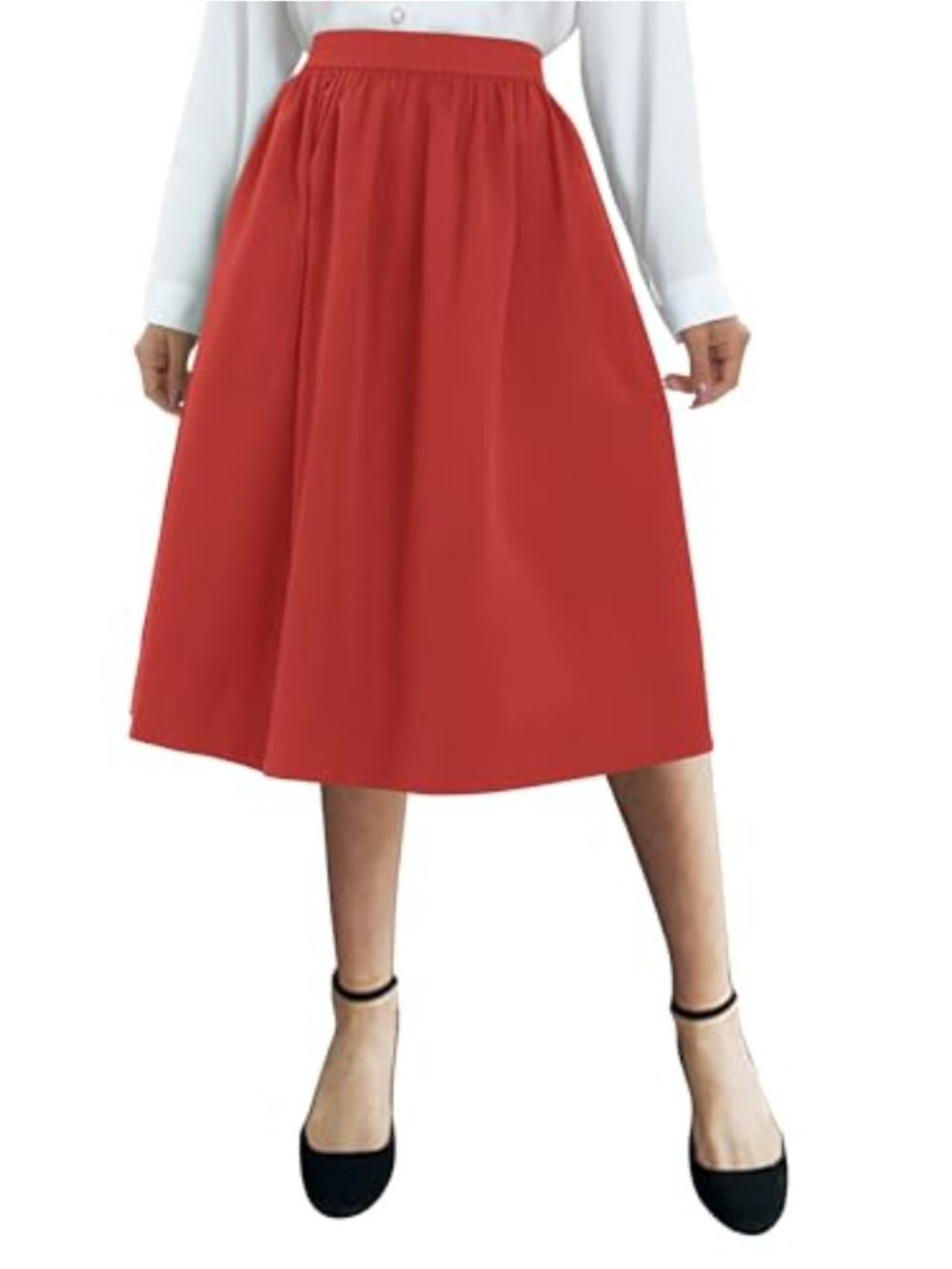 Women's Vintage A-Line Pleated Flared Midi Skirt with Pockets Elastic Waist